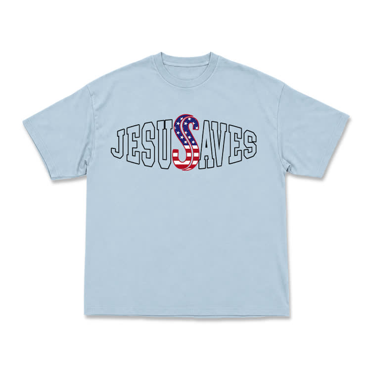 Classic Jesus Saves Flag Print T-Shirt - Light Blue - US16-18(2XL) - image 5