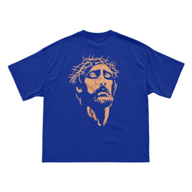 Jesus Portrait Neck Back Graphic T-Shirt - Blue - US16-18(2XL) - image 3