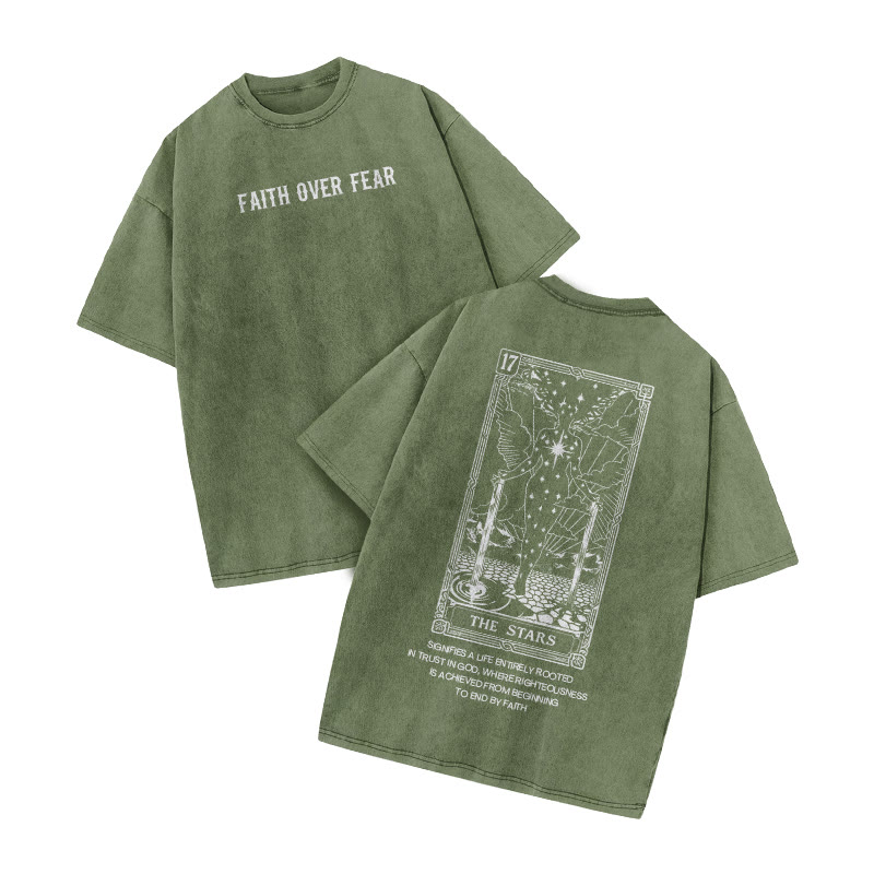 Faith Over Fear Tarot 17 The Star Print Acid Washed T-shirt - Army Green - US20-22(3XL) - image 7