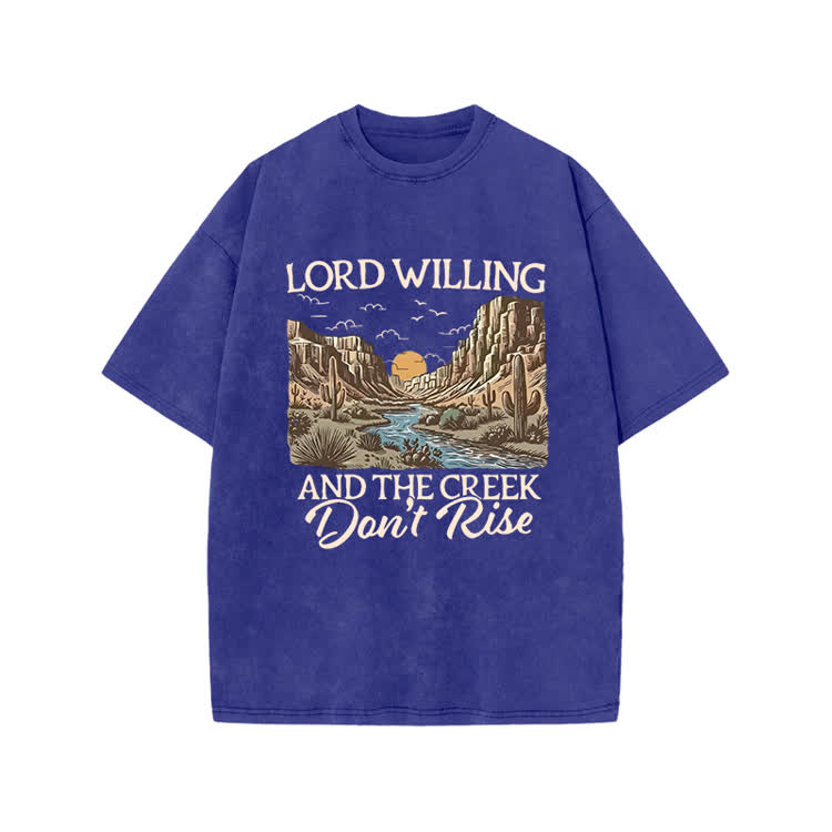Lord Willing And The Creek Don't Rise Western Style Print Acid Washed T-shirt - Blue - US20-22(3XL) - image 8