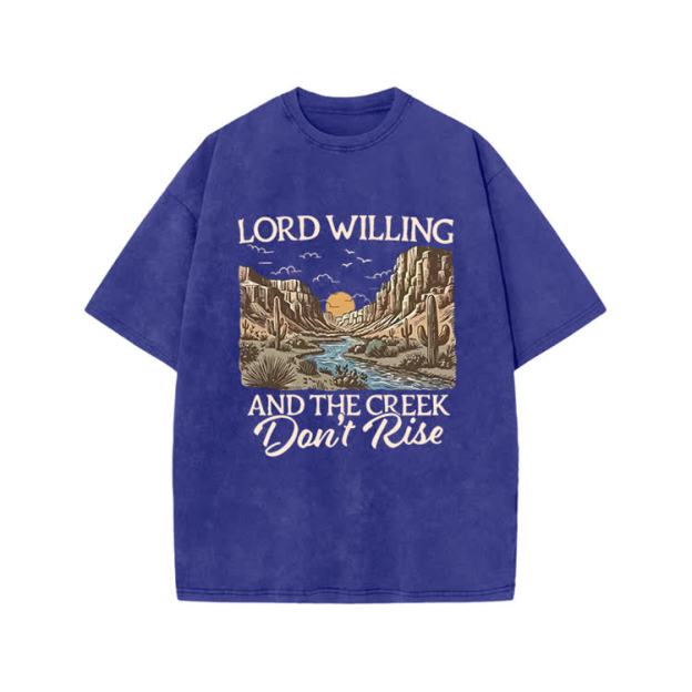 Lord Willing And The Creek Don't Rise Western Style Print Acid Washed T-shirt - Blue - US20-22(3XL) - image 8