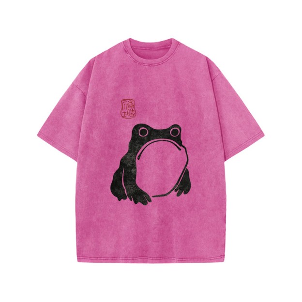 Unisex 100% Cotton Matsumoto Hoji Woodblock Print Frog Art Acid Washed T-shirt
