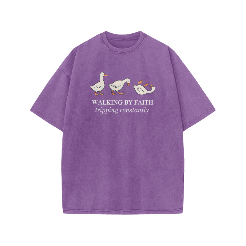 Unisex Walking By Faith Tripping Constantly Print Acid Washed T-shirt - Purple - US20-22(3XL) - image 8