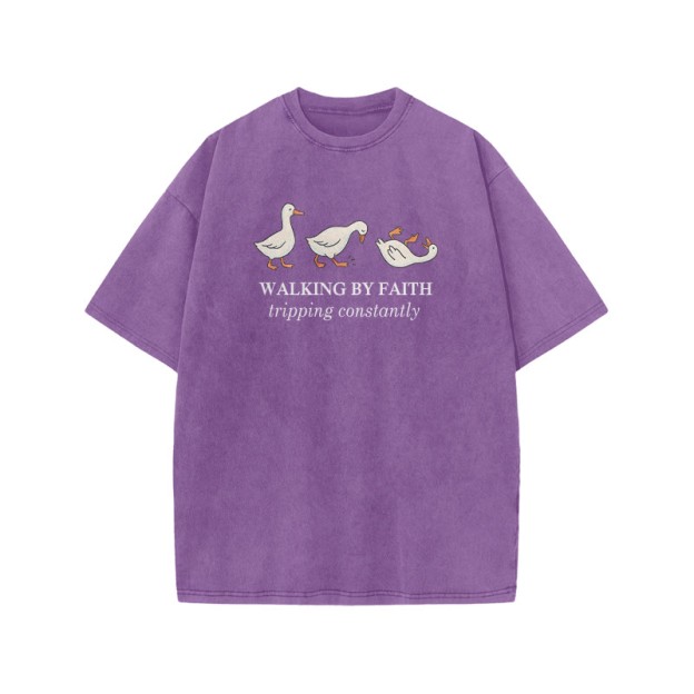 Unisex Walking By Faith Tripping Constantly Print Acid Washed T-shirt - Purple - US20-22(3XL) - image 8