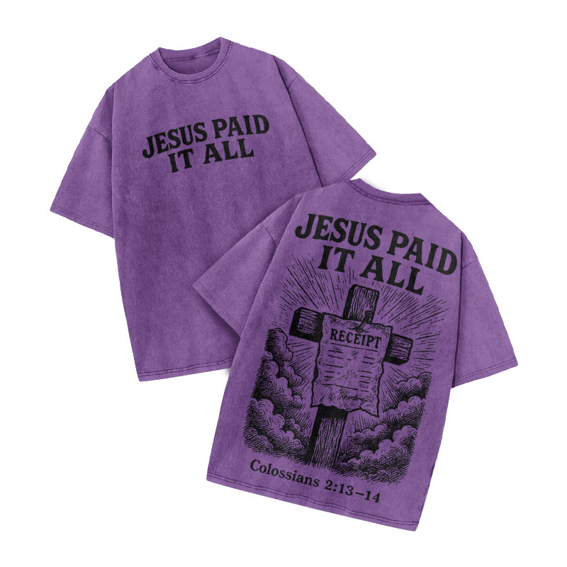 Jesus Paid It All Colossians 2:13-14 Print Acid Washed T-shirt - Purple - US20-22(3XL) - image 8