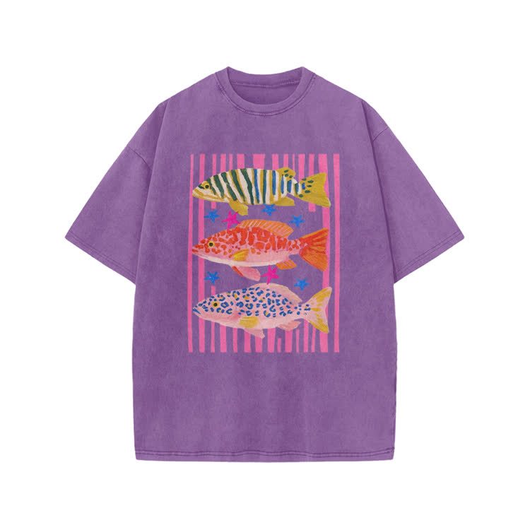 Playful Tropical Fis Graphic Print Acid Washed T-Shirt - Purple - US20-22(3XL) - image 6