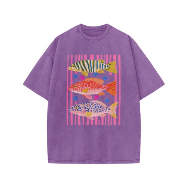 Playful Tropical Fis Graphic Print Acid Washed T-Shirt - Purple - US20-22(3XL) - image 6