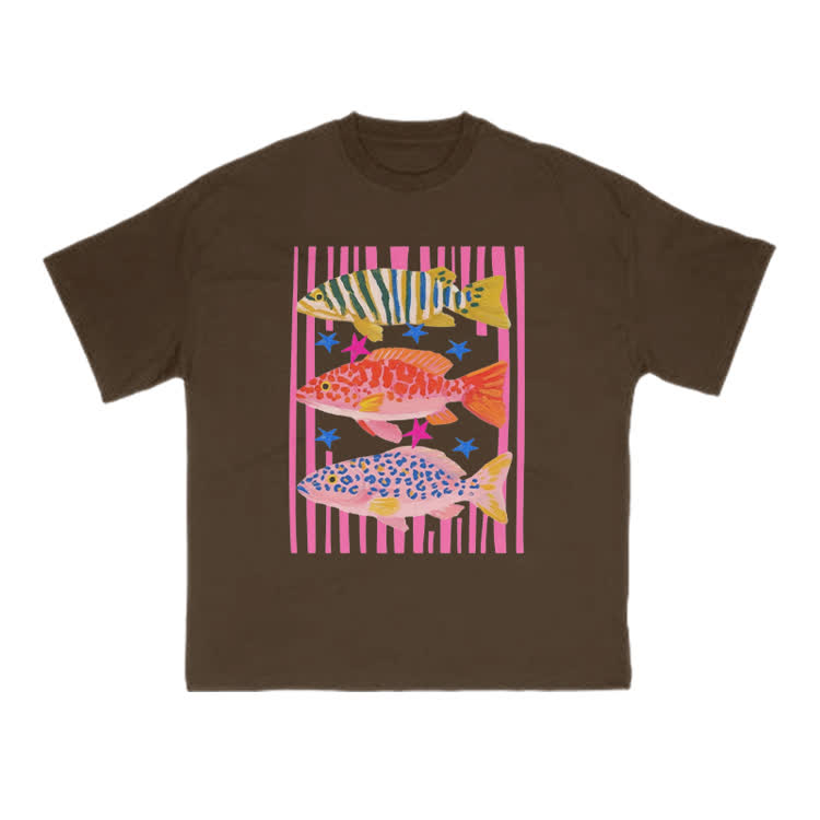 Playful Tropical Fish Graphic Crew Neck T Shirt - Coffee - US16-18(2XL) - image 13