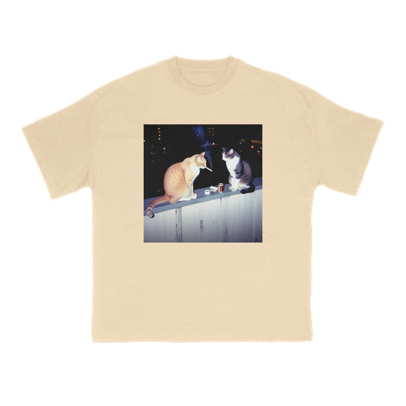 Unisex 100% Cotton Smoking Decadent Cat Print T-shirt - Apricot - US16-18(2XL) - image 5