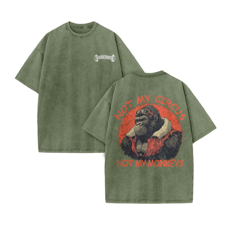 100% Cotton Not My Circus Not My Monkeys Gym Print Acid Washed T-shirt - Army Green - US20-22(3XL) - image 7