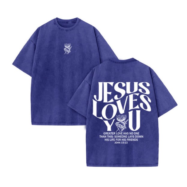 Unisex 100% Cotton JESUS LOVES YOU Print Acid Washed T-shirt - Blue - US20-22(3XL) - image 10