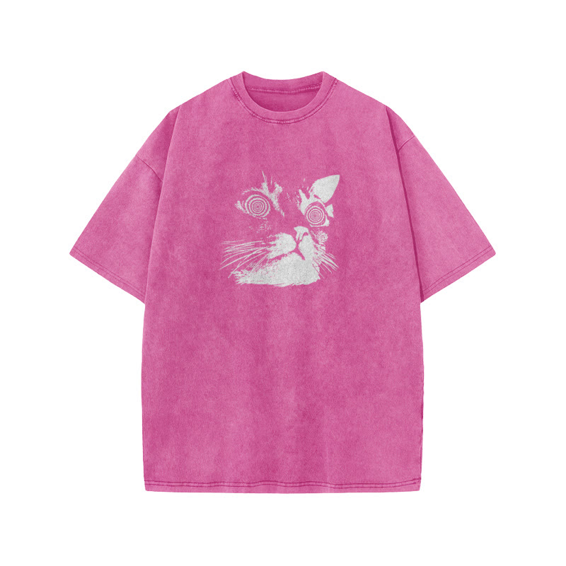 Unisex 100% Cotton Hypnotic Cat Print Acid Washed T-shirt - Pink - US20-22(3XL) - image 7