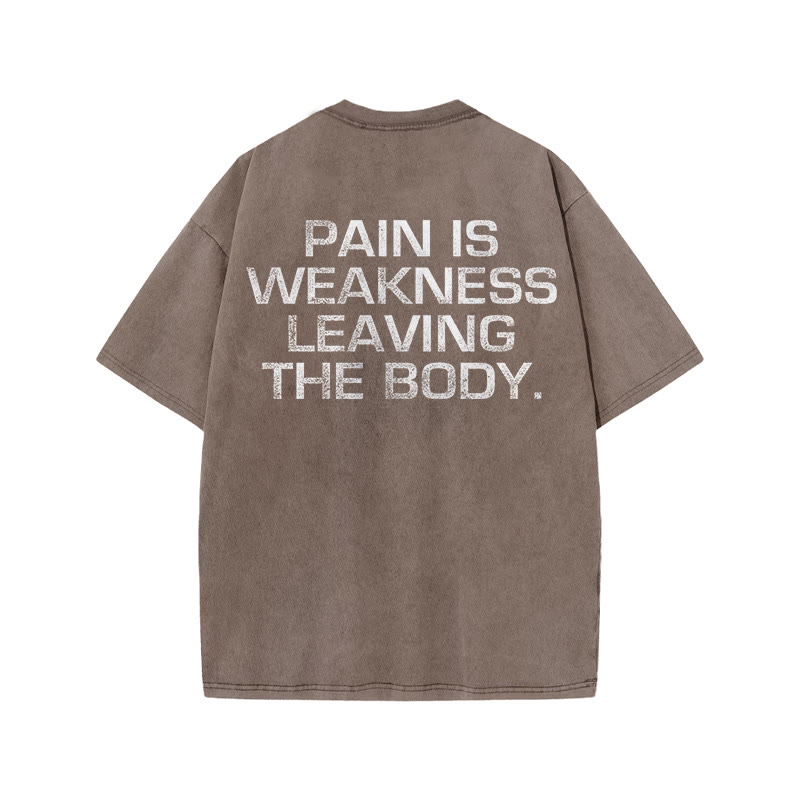 100% Cotton Pain Is Weakness Leaving The Body Gym Print Acid Washed T-shirt - Coffee - US20-22(3XL) - image 6