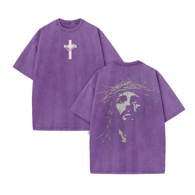 Unisex Jesus Face Print Acid Washed T-shirt - Purple - US20-22(3XL) - image 5