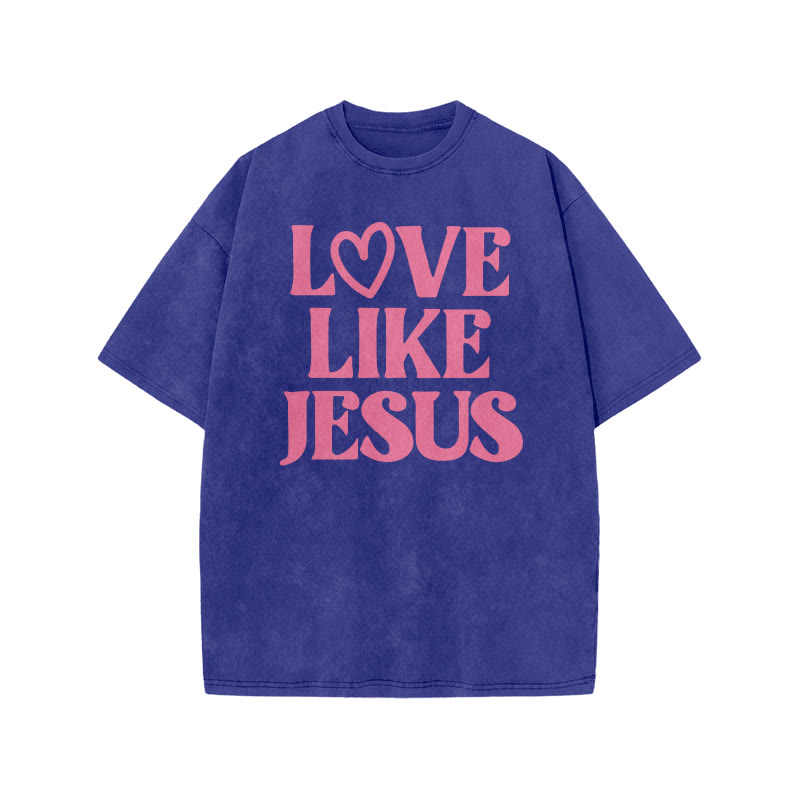 Love Like Jesus Valentine's Day Print Acid Washed T-shirt - Blue - US20-22(3XL) - image 6