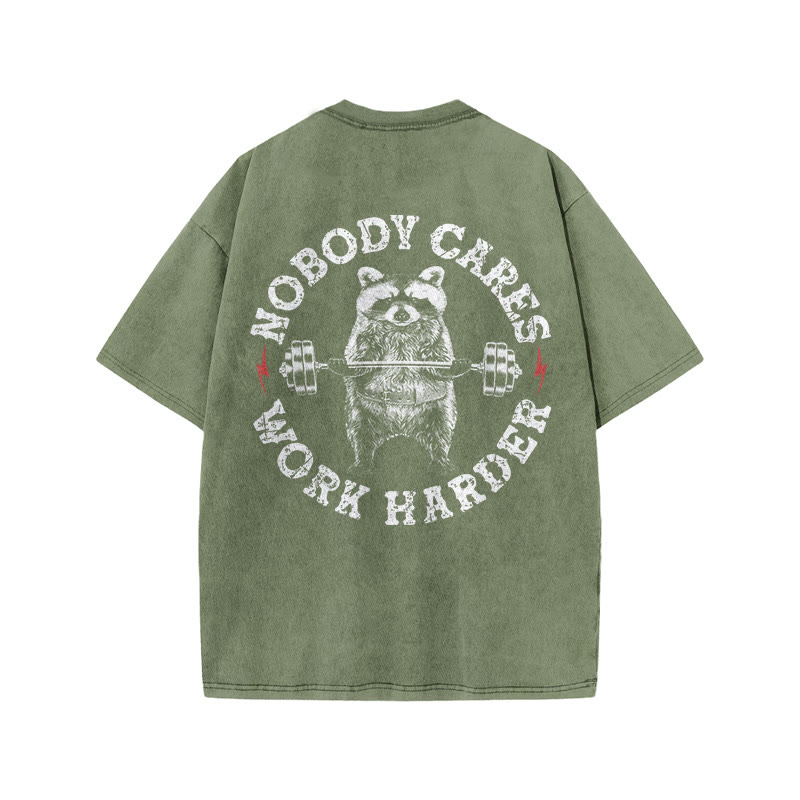 100% Cotton Nobody Cares Work Harder Gym Print Acid Washed T-shirt - Army Green - US20-22(3XL) - image 7