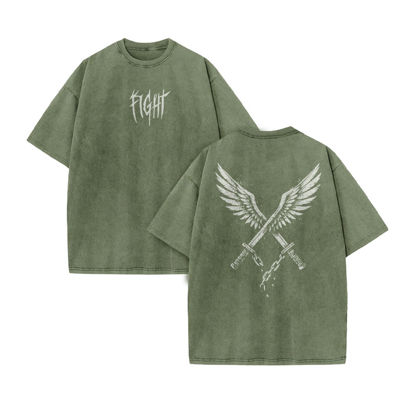 Unisex Fight Print Acid Washed T-shirt - Army Green - US20-22(3XL) - image 9