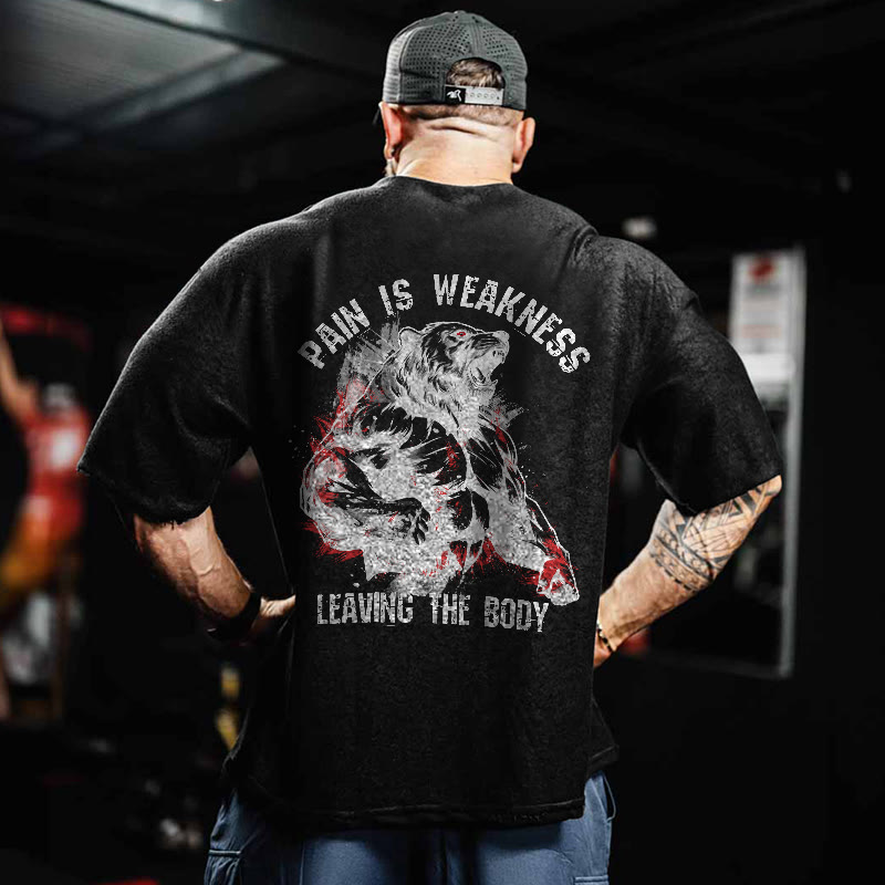 100% Cotton Pain Is  Weakness Leaving The Body Gym Print Acid Washed T-shirt - image 3