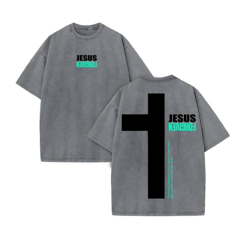 Unisex 100% Cotton Jesus Forgiven Print Acid Washed T-shirt - Grey - US20-22(3XL) - image 5