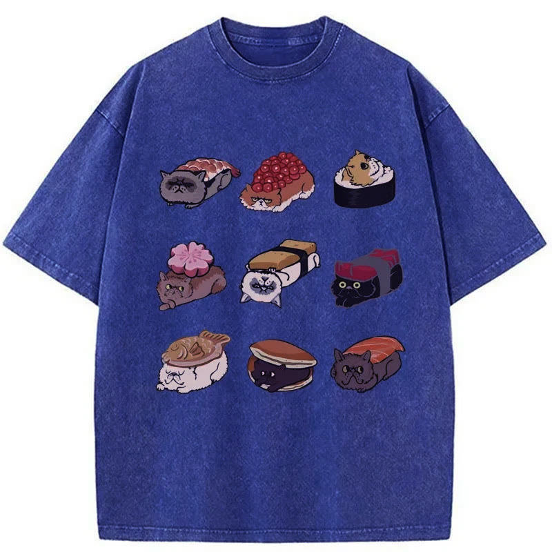 Unisex 100% Cotton Cute Cat Sushi Print Acid Washed T-shirt