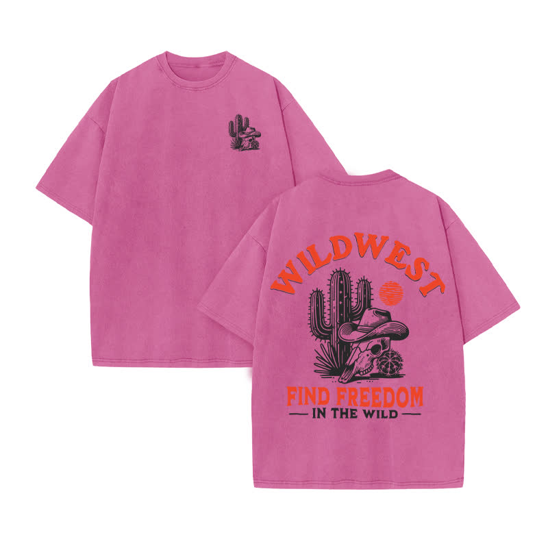 Unisex Wild West Find Freedom Print Acid Washed T-shirt - Pink - US20-22(3XL) - image 8