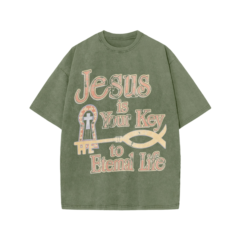 Jesus Is Your Key To Eternal Life Print Acid Washed T-shirt - Army Green - US20-22(3XL) - image 8