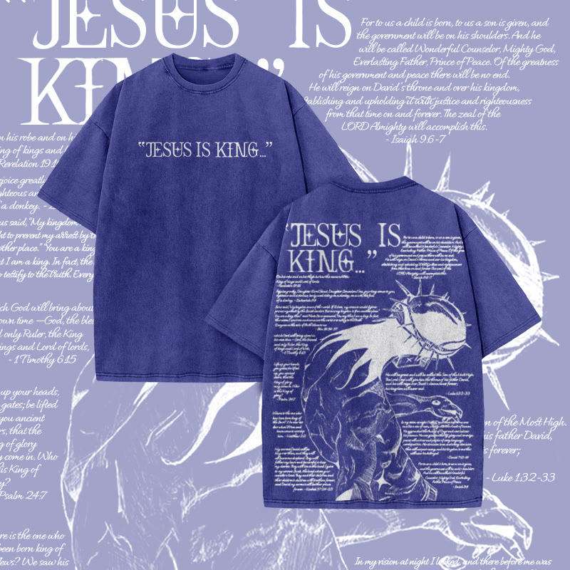 Unisex 100% Cotton Jesus Is King Craetive Print Acid Washed T-shirt