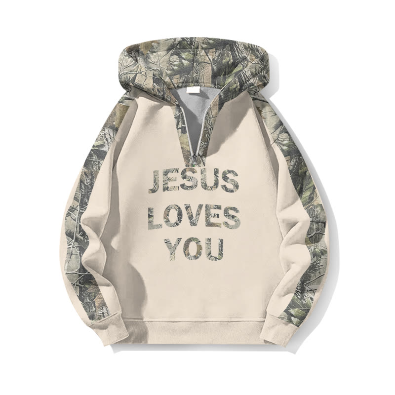 Jesus Loves You Dead Leaves Camouflage Front Print Half Zip Hoodie - Apricot - US32-34(5XL) - image 5