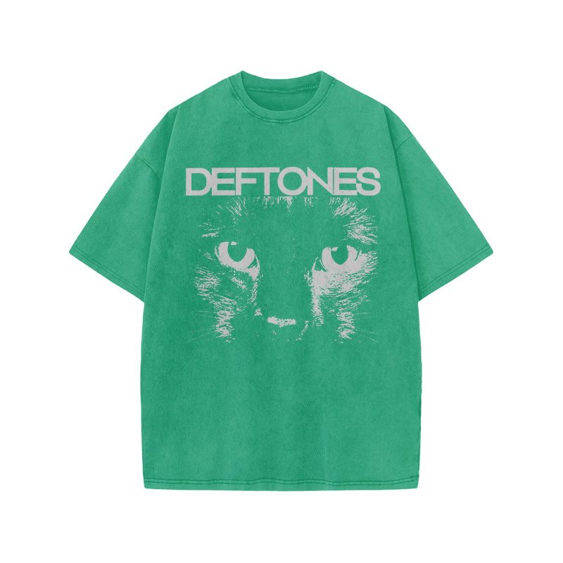 Unisex 100% Cotton Deftones Cat Print Acid Washed T-shirt - Green - US20-22(3XL) - image 5