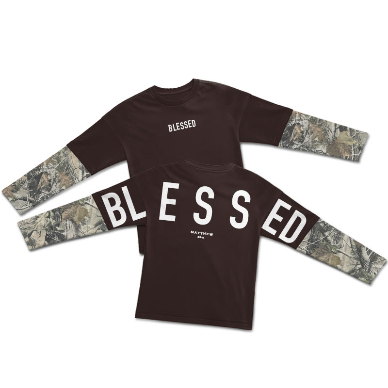 Blessed Matthew 5:3-12 Dead Leaves Camouflage Patchwork Print Layered-style T-shirt - Coffee - 5XL - image 5