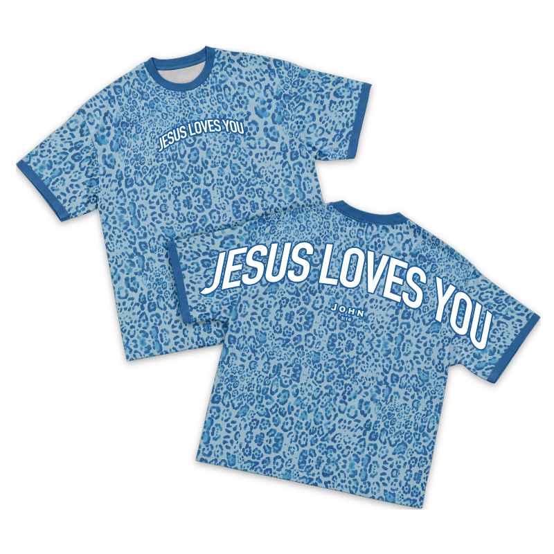 Casual Jesus Loves You Leopard Print Contrast T-Shirt - Blue - 3XL - image 3