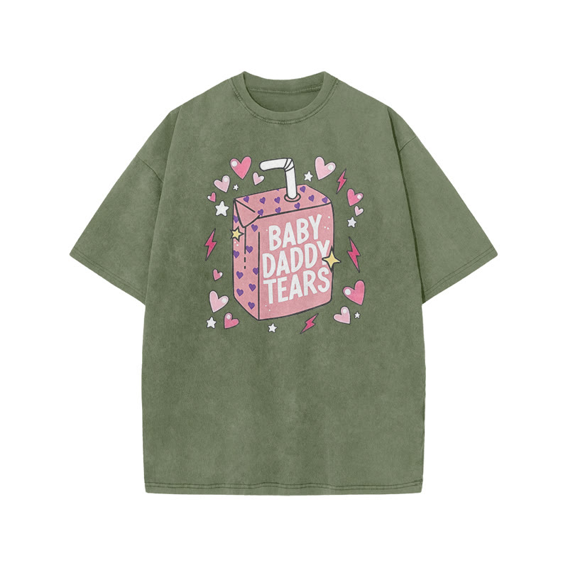 Baby Daddy Tears Print Acid Washed T-shirt - Army Green - US20-22(3XL) - image 6