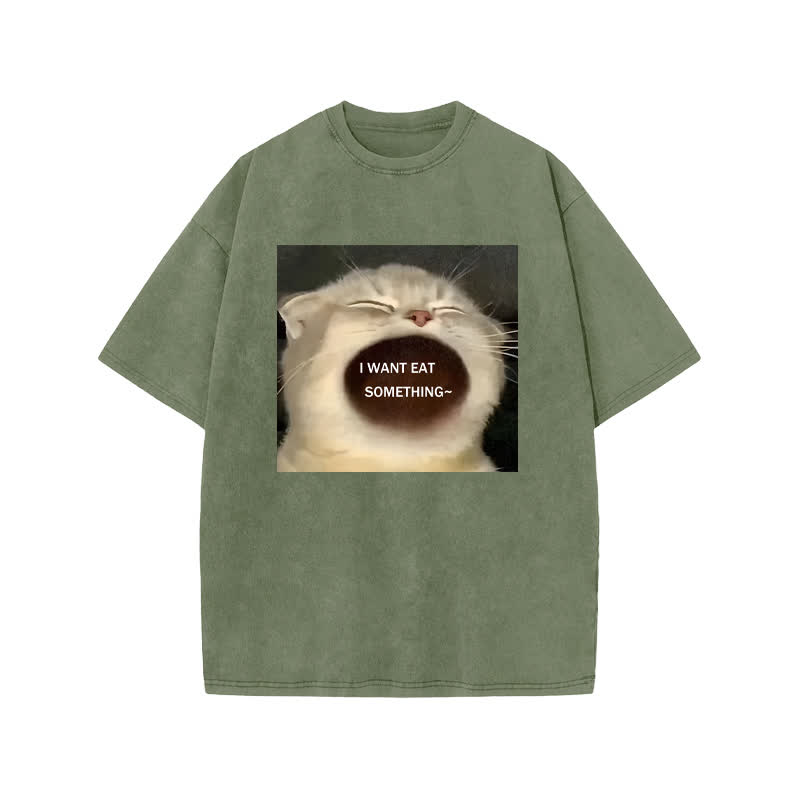 Unisex 100% Cotton Greedy Cat Print Acid Washed T-shirt - Army Green - US20-22(3XL) - image 5