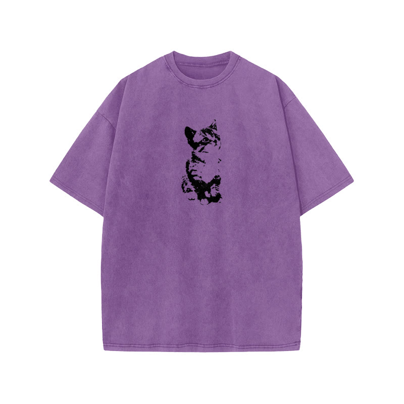 Unisex 100% Cotton Cute Cat Print Acid Washed T-shirt - Purple - US20-22(3XL) - image 9