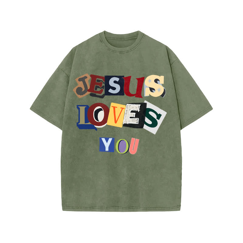 Unisex 100% Cotton JESUS LOVES YOU Print Acid Washed T-shirt - Army Green - US20-22(3XL) - image 5