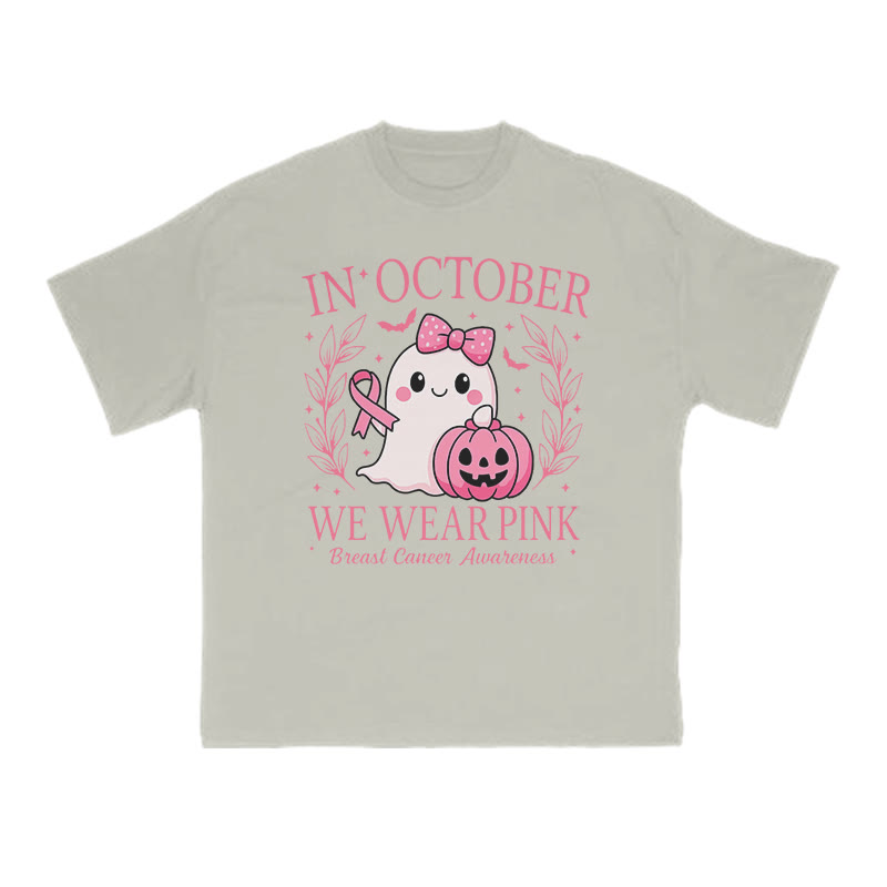 Unisex In October We Wear Pink Halloween Cancer Print T-shirt - Warm Grey - US16-18(2XL) - image 4
