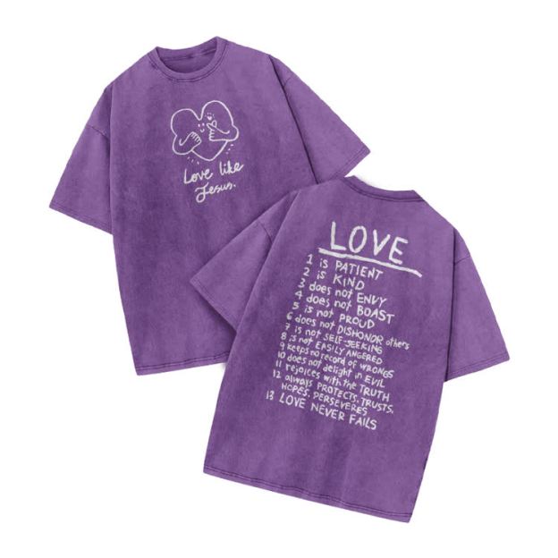 Love Like Jesus Print Acid Washed T-shirt - Purple - US20-22(3XL) - image 3