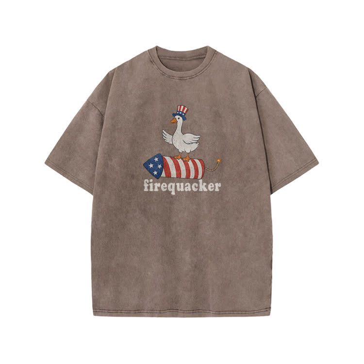 Firequacker Patriotic Duck Rocket Graphic Print Acid Washed T-shirt - Coffee - US20-22(3XL) - image 7
