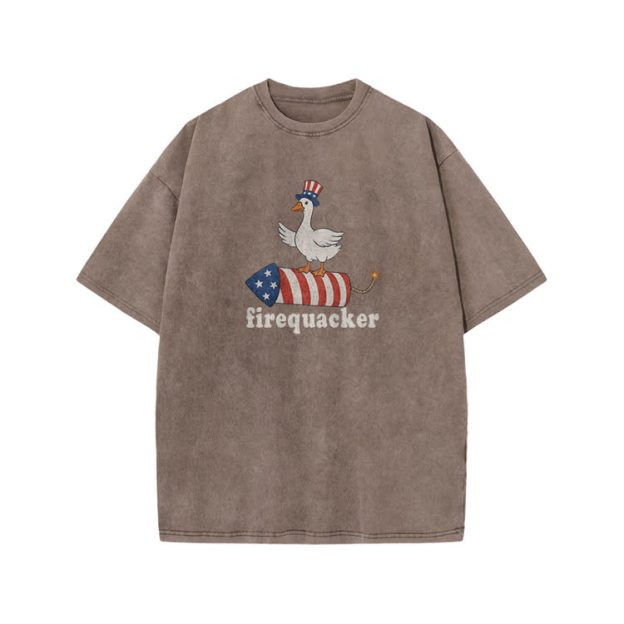 Firequacker Patriotic Duck Rocket Graphic Print Acid Washed T-shirt - Coffee - US20-22(3XL) - image 7