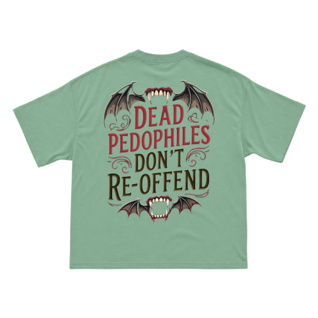 Bat Wing Dead Pedophiles Don't Re-offend Print T-shirt - Light Green - US16-18(2XL) - image 7