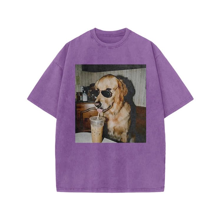 Vintage Dog Photo Print Acid Washed T-shirt - Purple - US20-22(3XL) - image 6
