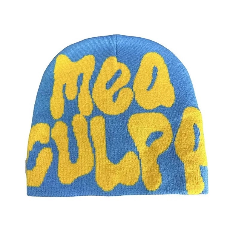 Mea Culpa Pattern Knit Hat - Blue Yellow - one size - image 28