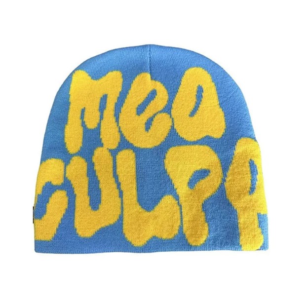 Mea Culpa Pattern Knit Hat - Blue Yellow - one size - image 28