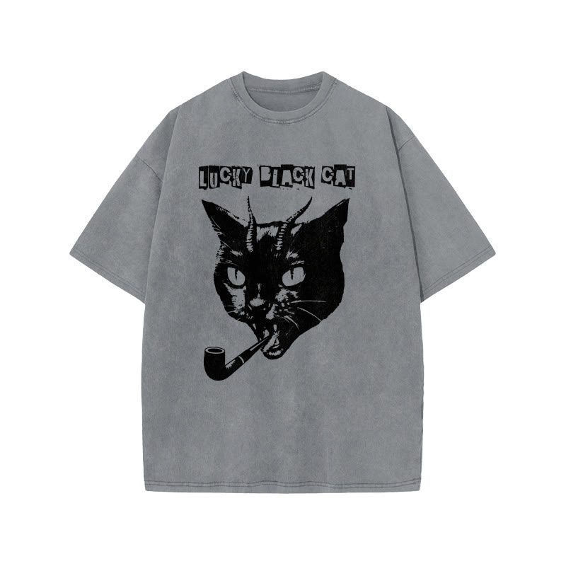 Unisex 100% Cotton Lucky Black Cat Print Acid Washed T-shirt - Grey - US20-22(3XL) - image 4