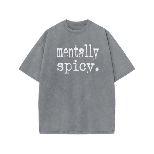 Mentally Spicy Print Acid Washed T-shirt - Grey - US20-22(3XL) - image 3