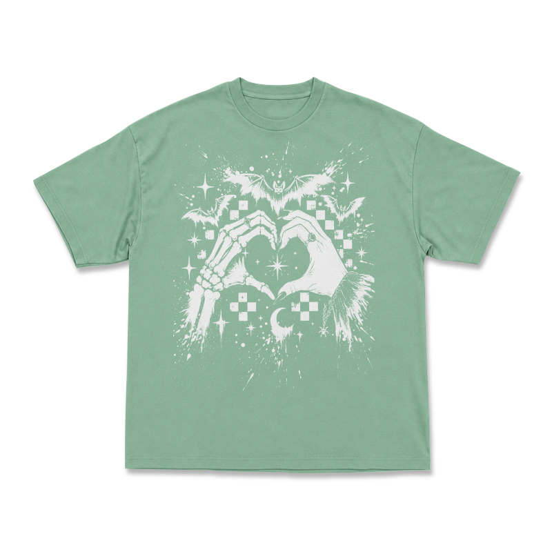 Gothic Skeleton Hand Heart Round Neck Graphic Print T-Shirt - Light Green - US16-18(2XL) - image 11