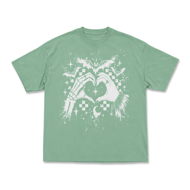 Gothic Skeleton Hand Heart Round Neck Graphic Print T-Shirt - Light Green - US16-18(2XL) - image 11