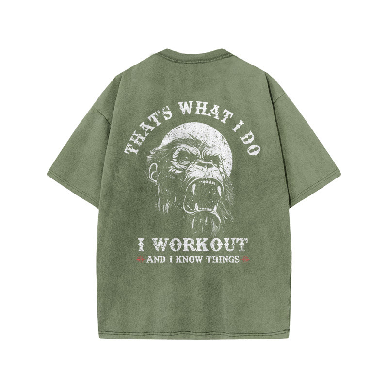 100% Cotton I Workout And I Know Things Gym Print Acid Washed T-shirt - Army Green - US20-22(3XL) - image 5