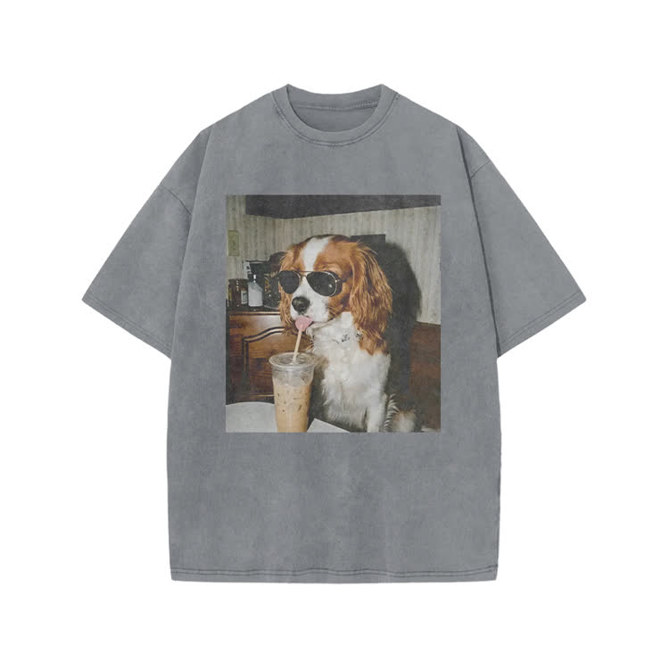 Vintage Iced Coffee Dog Print Acid Washed T-shirt - Grey - US20-22(3XL) - image 9