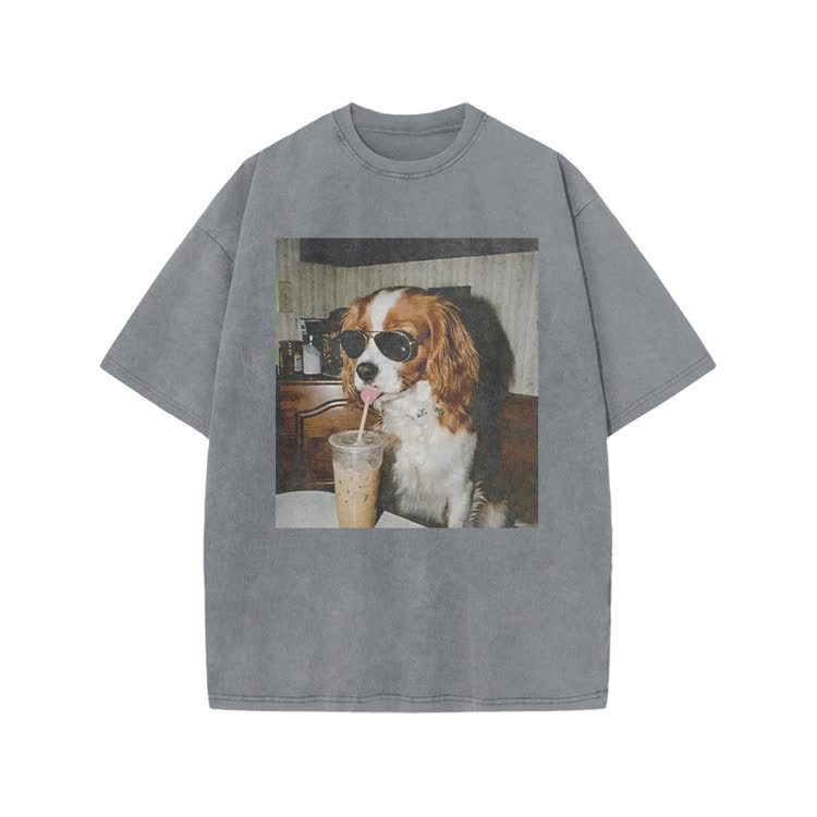 Vintage Iced Coffee Dog Print Acid Washed T-shirt - Grey - US20-22(3XL) - image 9